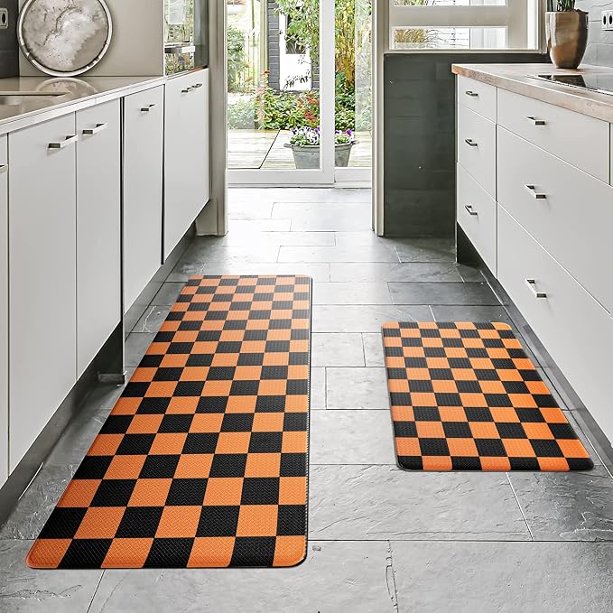 Black Orange Checkered Grid Checkerboard Kitchen Rug Sets [2 PCs], Anti-Fatigue, Waterproof Non-Slip Kitchen Mats Heavy Duty Ergonomic Comfort Foam Rug for Floor, Home,17"x29"+17"x47"