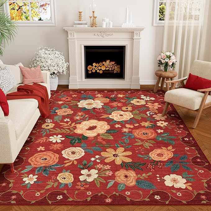 DUKINO 6x9 Area Rug, Floral Rugs for Living Room, Lightweight Non Slip Washable Rug, Indoor Low Pile & Non-Shedding Boho Design Rugs for Bedroom, Living Room, Dining Room, Red
