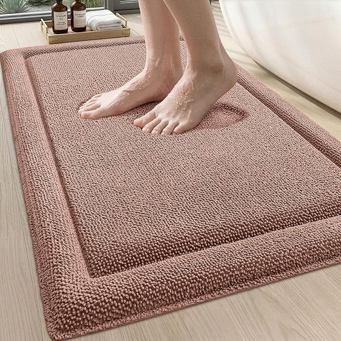 DEXI Memory Foam Bath Mat 32x20, Soft Absorbent Chenille Bathroom Rug, Non Slip Quick Dry Bath Mats for Bathroom, Thick Plush Floor Carpet for Tub Shower, Sink, Shrimp Red
