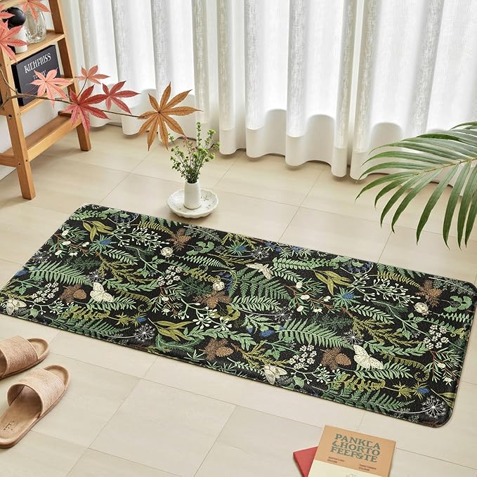 Black Green Botanical Kitchen Rugs Set of 2 Plant Leaf Anti-Fatigue Kitchen Mat Natural Comfort Standing Waterproof PVC Mats 2/5" Thick Leather Carpet for Laundry Office Sink(17.3" x28" + 17.3" x 47")