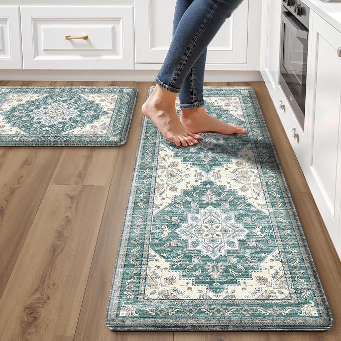 Boho Kitchen Mats for Floor 2 Piece Set Anti Fatigue Cushioned PVC Kitchen Rugs Non Slip Waterproof Farmhouse Mats 2/5 Inch Comfort Standing Mat for Sink, Laundry, 17.3"x59"+17.3"x28", Blue Green