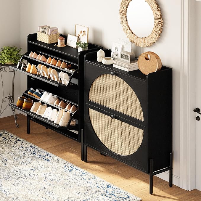 IRONCK Shoe Cabinet Storage with 2 Flip Drawers, Free Standing Wooden Shoe Storage Organizer Cabinet with Rattan Doors for Entryway, Narrow Shoe Rack Cabinet, Black