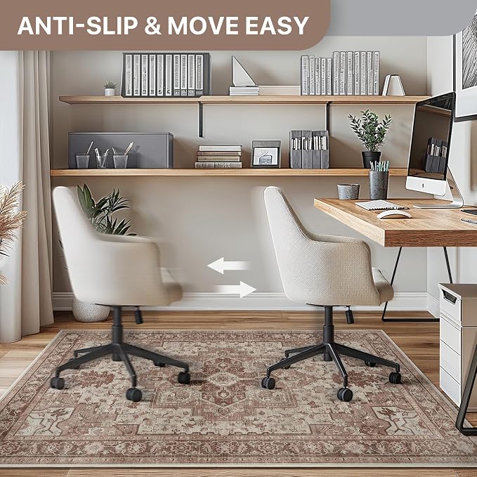 36"x48" Office Chair Mat for Hardwood Tile Floor, Under Desk Carpet Protector for Rolling Computer Chair Mat, Machine Washable Area Rug, Anti-Slip 1/5" Thick Low Pile Thin Vinyl Floor Mat, Brown Red