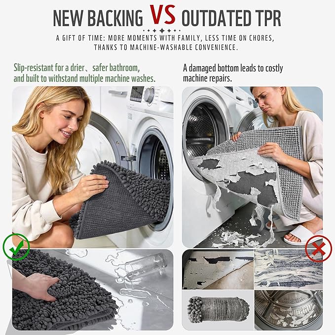 Yimobra Long Bathroom Rugs Non Slip Washable 44x24 Inch - Ultra Soft Absorbent Chenille Bath Mat, Quick Dry Shaggy Floor Carpet for Tub Shower, Dark Gray Home Decor Accessories