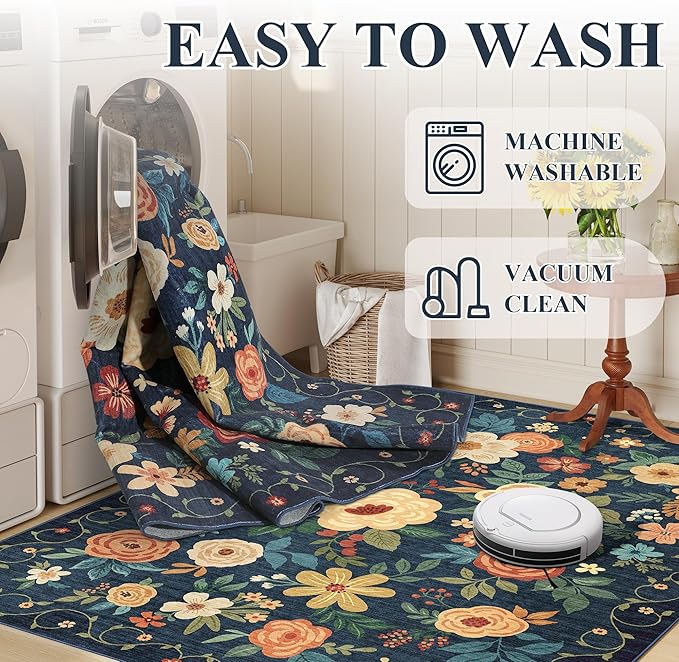 DUKINO Runner Rug, 2.6x8 Kitchen Rug for Hallway with Non Slip Backing, Washable Low Pile Soft Boho Floral Runner Carpet for Hallway, Kitchen, Entryway, Laundry, Bedroom, Dark Blue