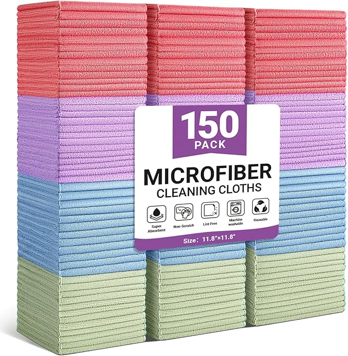 SIFANGKE Microfiber Cleaning Cloth, 150 Pack Assorted Color Cleaning Rags for Housekeeping, Colorful Reusable Microfiber Towels for Car, Kitchen, Bathroom and Household Cleaning Supplies, 11.8"X11.8"