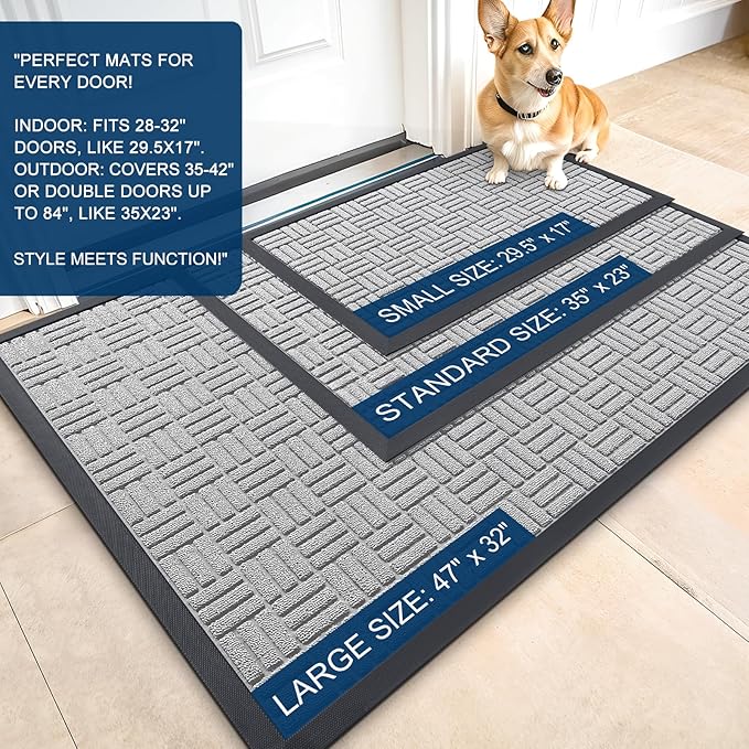 OLANLY Front Door Mat Outside Entrance 47x23, Absorbent, Heavy Duty Sturdy Natural Rubber Doormat Indoor Outdoor, Non-Slip, Stain and Fade Resistant, Low Profile Floor Mat for Entryway, Light Gray