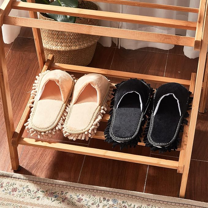 Jecery 2 Pairs Microfiber Cleaning Mop Slippers for Floor Cleaning House Mop Shoes Men and Women Washable Unisex Dusting Slippers Dirt Tool Supplies(Medium,Black, Beige)