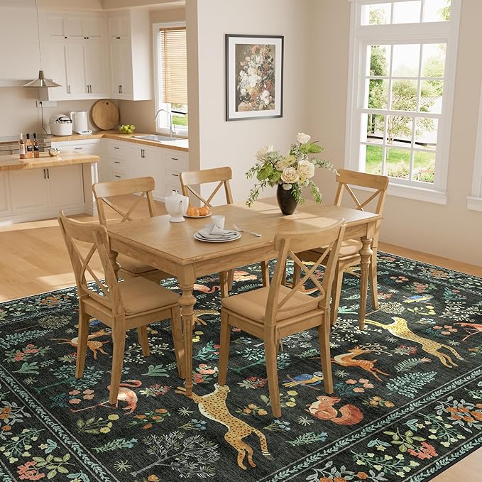 DUKINO 9x12 Rug, Washable Animal Living Room Rug with Non Slip Vintage Design, Soft Low Pile Large Carpet for Bedroom, Nursery, Dining Room, Farmhouse, Playroom, Black