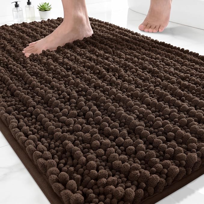 Yimobra Bathroom Rugs Non Slip Washable - Ultra Soft Absorbent Chenille Bath Mat, Quick Dry Shaggy Floor Carpet for Tub Shower, Brown Home Decor Accessories, 24x17 Inch