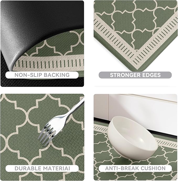 Sage Green Vintage Moroccan Grid Elegance Kitchen Rug Sets [2 PCs], Anti-Fatigue, Waterproof Non-Slip Kitchen Mats Heavy Duty Comfort Foam Rug for Kitchen, Floor, Laundry,17"x29"+17"x47"