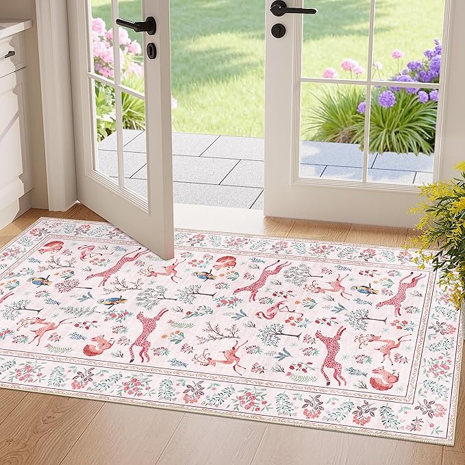 DUKINO 2x4 Rug for Hallway, Washable Kitchen Runner Rug with Non Slip Backing, Soft Low Pile Vintage Animal Runner for Bedroom, Kitchen, Hallway, Entryway, Laundry, Pink