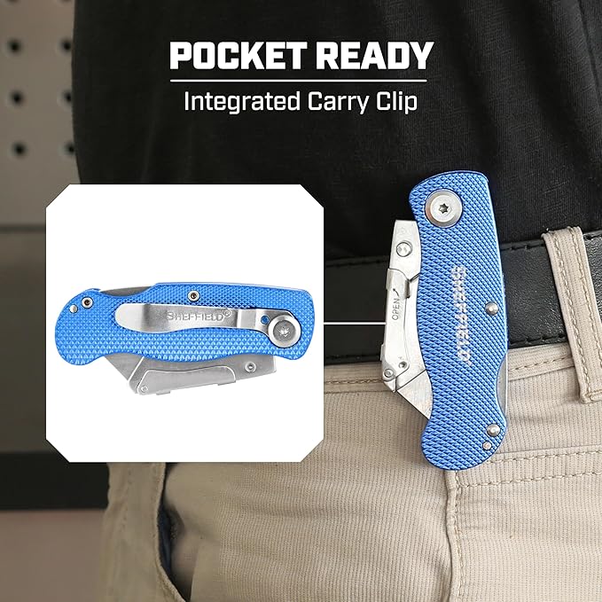 Sheffield Folding Utility Knife, Accepts Standard Utility Knife Blades, Box Cutter Aluminum Handle, Razor Blades Included, For Home, Office, Trades, and Warehouse