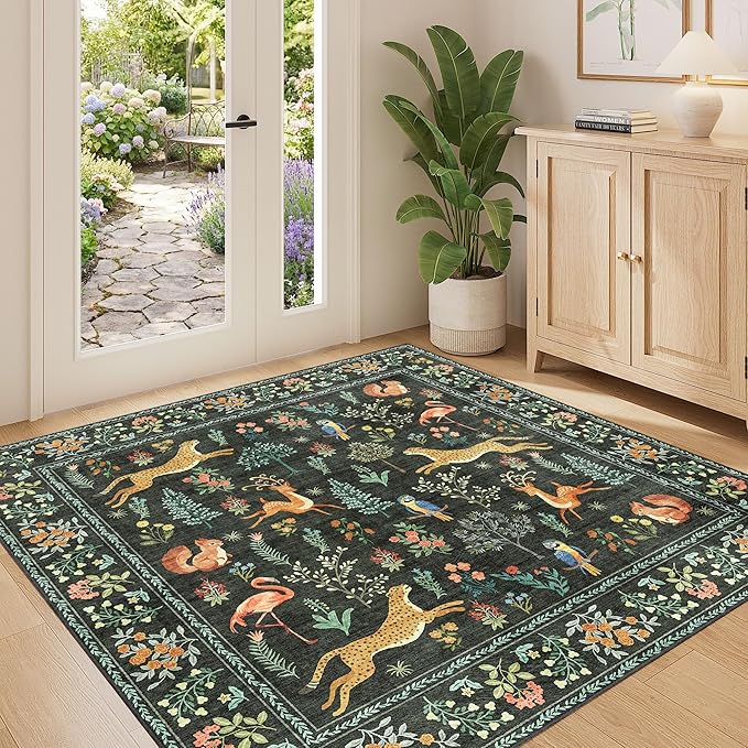 DUKINO 4x4 Square Area Rug for Entryway, Lightweight Animal Print Washable Rug with Non Slip, Non Shedding & Low Pile Soft Indoor Carpet for Kitchen, Bedroom, Home Office, Kids Playroom, Black