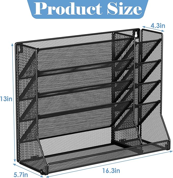 Jakyitvi File Organizer Wall Mounted, 4 Tiers Durable Adjustable Metal Desk Organizer, Desktop Hanging File Holder with 4 Pen Slots Stable, 4 Pull-Out Divider for File, Mail, Black, Patent Pending
