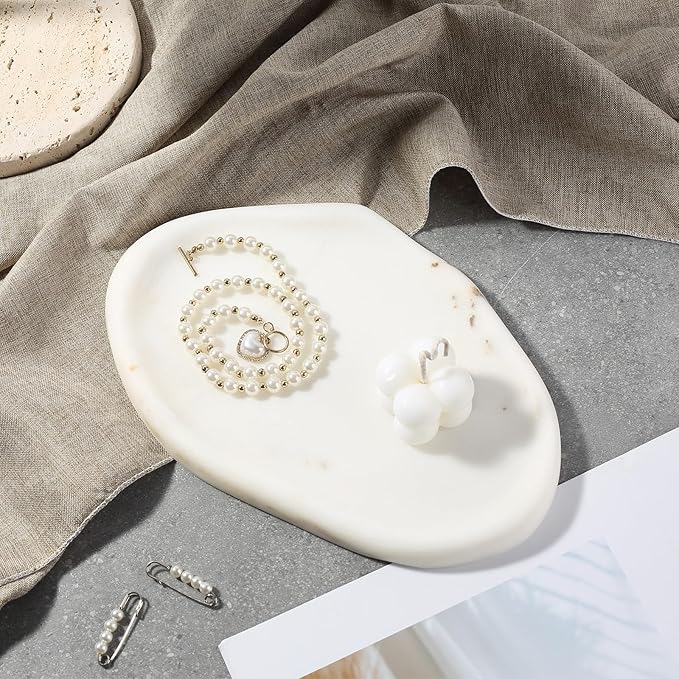 Koville Luxurious White Marble Vanity Tray, Cloud Shape Serving Stone Key Tray for Home Decor, 10"x7" Bathroom Marble Storage Trays, Stone Plate Holder for Perfume and Jewelry (Oriental Calacatta)