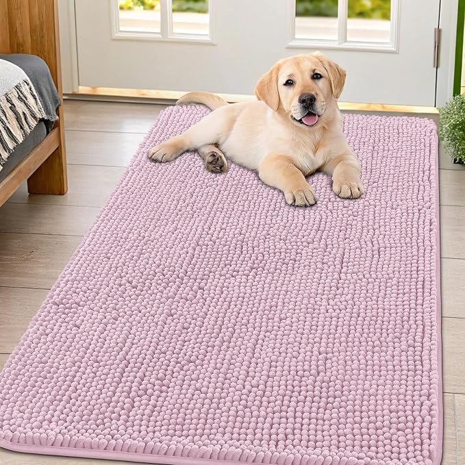 Smiry Dog Door Mat for Muddy Paws 47x32, Absorbent Dirt Trapper, Non-Slip Washable Chenille Entryway Rug for Inside Floor, Dusty Rose, Classic Solid