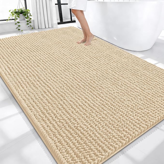 OLANLY Thick Large Bathroom Rugs 70x46, Extra Soft Absorbent Chenille Bath Rugs, Rubber Backing, Machine Wash Dry, Bath Mats for Bathroom Floor, Tub and Shower, Home Decor Accessories, Beige