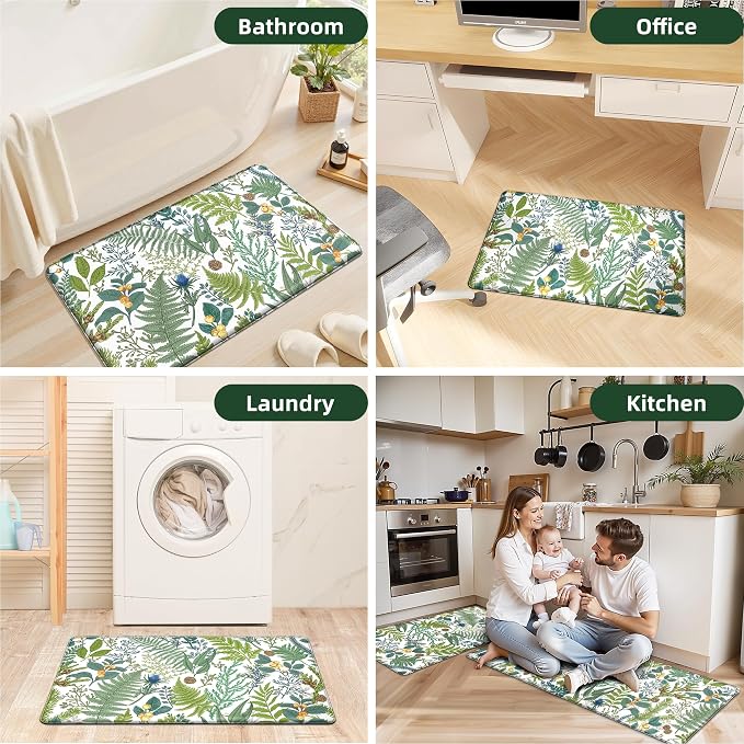 White Green Botanical Kitchen Rugs Set of 2 Plant Leaf Anti-Fatigue Kitchen Mat Natural Comfort Standing Waterproof PVC Mats 2/5" Thick Leather Carpet for Laundry Office Sink(17.3" x28" + 17.3" x 47")