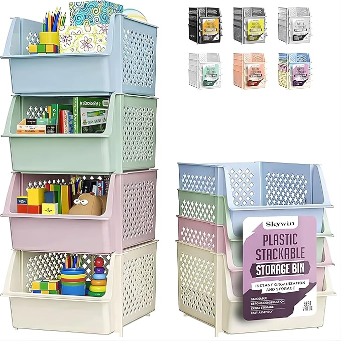 TidyFriend 4 Pack Stackable Storage Bins Open Front for Pantry Organizers and Storage, Pantry Storage for Food, Kitchen and Home Organization, Plastic Storage Bins, Dorm Room Essentials (Multi)