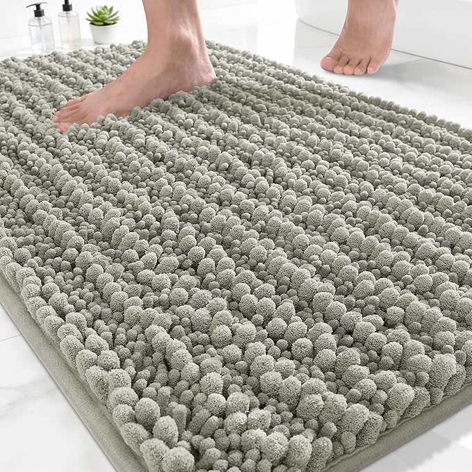Yimobra Bathroom Rugs Non Slip Washable - Ultra Soft Absorbent Chenille Bath Mat, Quick Dry Shaggy Floor Carpet for Tub Shower, Sand Home Decor Accessories, 24x17 Inch