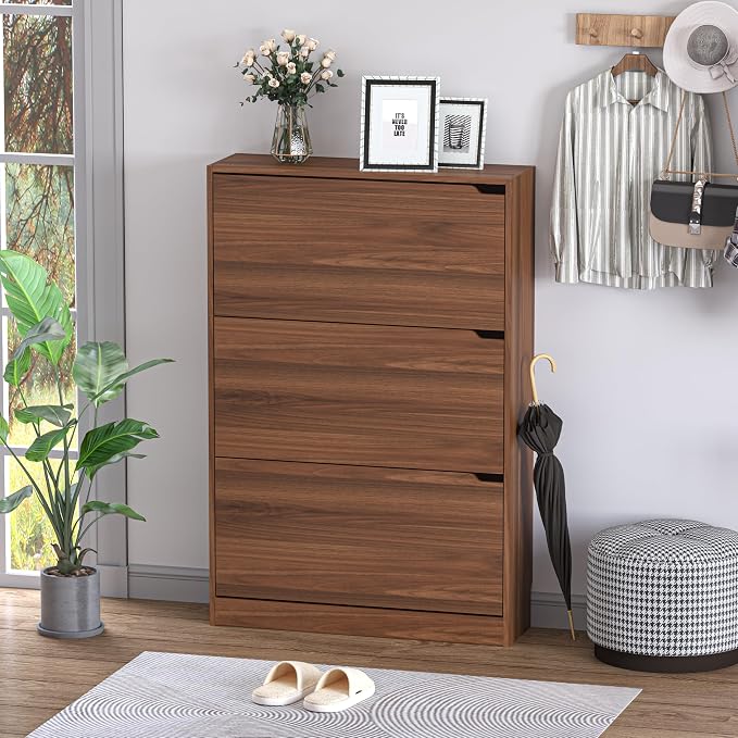 BORNOON Shoe Cabinet with 3 Flip Drawers, Slim Narrow Shoe Storage Cabinet, Freestanding Shoe Organizer with Adjustable & Removable Shelves, Top Display Shelf for Entryway, Hallway, Foyer, Closet