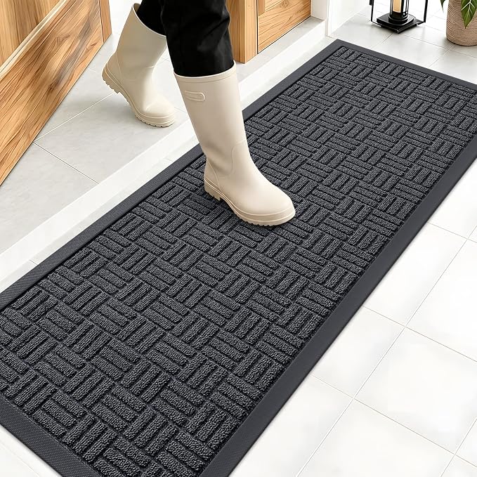OLANLY Front Door Mat Outside Entrance 47x17, Absorbent, Heavy Duty Sturdy Natural Rubber Doormat Indoor Outdoor, Non-Slip, Stain and Fade Resistant, Low Profile Floor Mat for Entryway, Black Gray