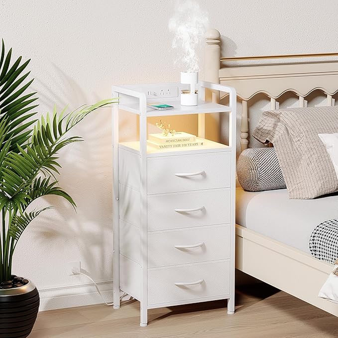 Lazzanto Night Stand Bedside Charger Bedroom - Nightstand with Charging Station, 2 U-S-B Ports & 2 AC Outlets, Tall Bed Side Table with LED Light Strip, Storage Shelf & 4 Fabric Drawers, White