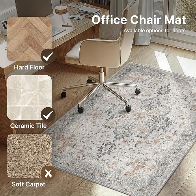 48"x72" Office Chair Mat for Hardwood Tile Floor, Under Desk Carpet Protector for Rolling Computer Chair Mat, Machine Washable Area Rug, Anti-Slip 1/5" Thick Low Pile Thin Vinyl Floor Mat, Taupe
