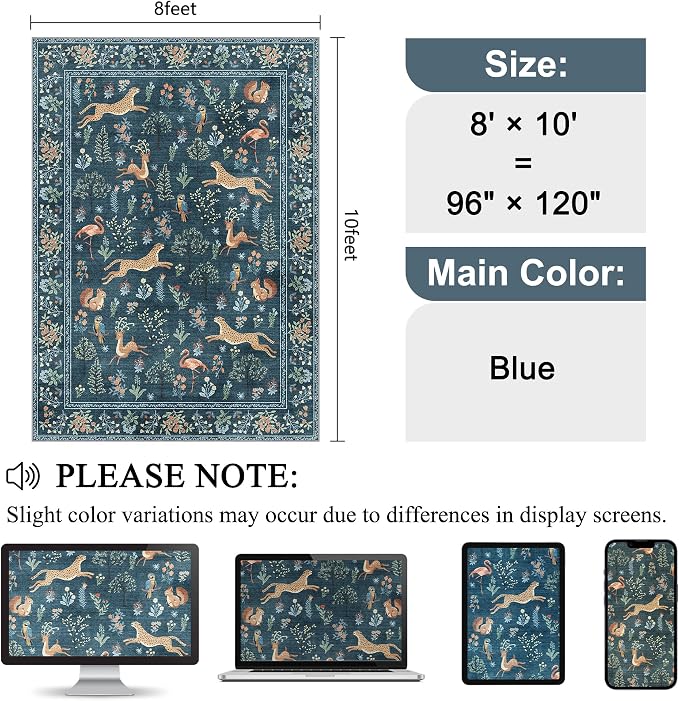 DUKINO 8x10 Rug, Washable Animal Living Room Rug with Non Slip Vintage Design, Soft Low Pile Large Carpet for Bedroom, Nursery, Dining Room, Farmhouse, Playroom, Blue