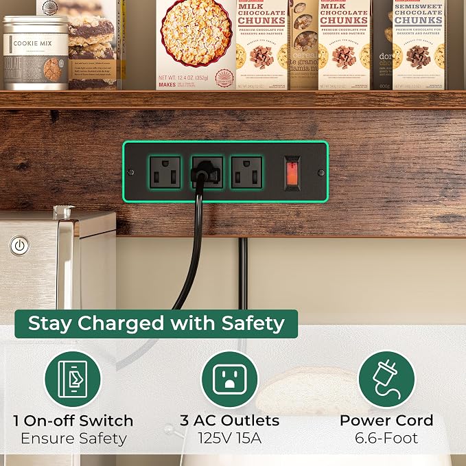 SUPERJARE Bakers Rack with Power Outlet, 47.2 Inches Coffee Bar with 3 Level-Adjustable Open Shelves, Wire Basket, Kitchen Microwave Stand with 6 S-Shaped Hooks, Rustic Brown