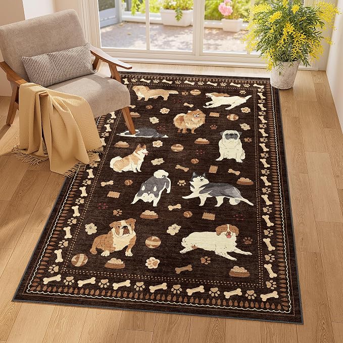 DUKINO 3x5 Area Rug, Lightweight Washable Entryway Rug with Non Slip & Low Pile, Soft Non Shedding Animal Dog Print Pattern Indoor Throw Carpet for Bedroom, Kitchen, Bathroom, Kids Room, Office, Brown