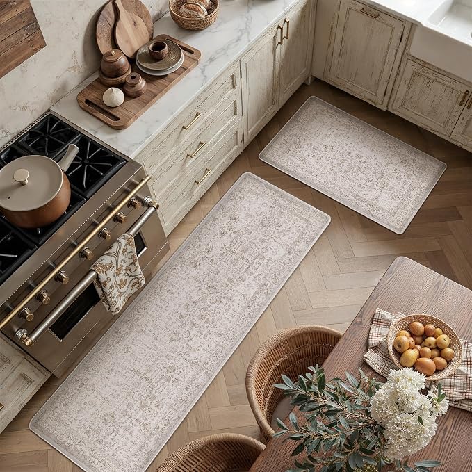 PureCozy Kitchen Mats 2PCS Anti Fatigue Cushioned Mat Light Brown Vintage Kitchen Mats for Floor Waterproof Non Slip Comfort Standing Retro Floral Rug for Sink Laundry Office 17.3"x59"+17.3"x30"