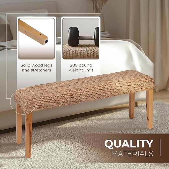 Solid Wood Acacia Indoor Bench with Natural Woven Seat, 47 Inch Wood Bench for Living Room or Entryway Bench, Bedroom End of Bed Bench or Dining Benches, Window Bench (Fishbone, Water Hyacinth)