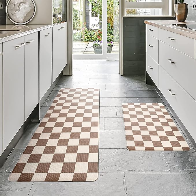 Beige Khaki Checkered Grid Checkerboard Kitchen Rug Sets [2 PCs], Anti-Fatigue, Waterproof Non-Slip Kitchen Mats Heavy Duty Ergonomic Comfort Foam Rug for Floor, Home,17"x29"+17"x47"