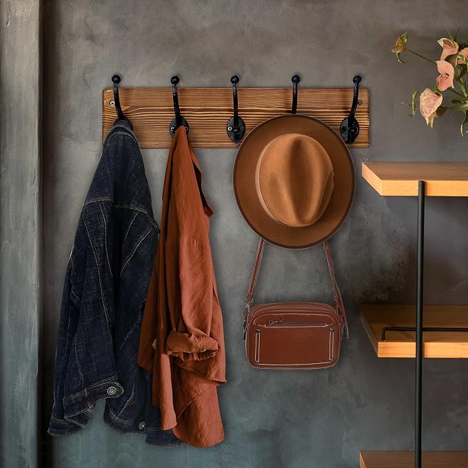 WEBI Rustic Coat Rack Wall Mount,5 Cast Iron Coat Hooks Wall Mounted,Heavy Duty Wall Coat Hanger Hooks for Hanging Coats,Clothes,Brown,2 Packs