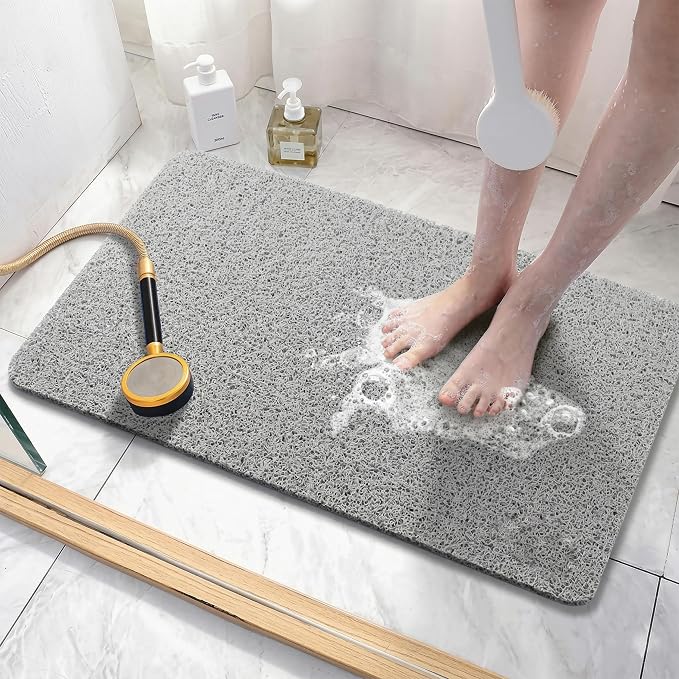 Asvin Soft Textured Bath, Shower, Tub Mat, 24x16 Inch Rectangular, Phthalate Free, Non Slip Comfort Bathtub Mats with Drain, PVC Loofah Bathroom Mat for Wet Areas, Quick Drying, Grey