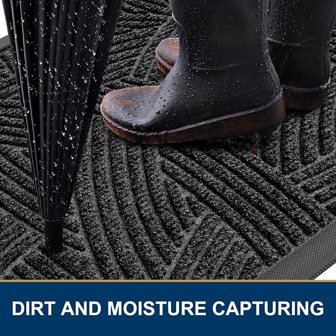 Smiry Front Door Mat Outside Entrance, Heavy Duty Sturdy Natural Rubber Doormat, Trap Dirt and Moisture, Easy Clean Low Profile Mats for Indoor Outdoor Entry, Interwoven Stripes 35x23, Black