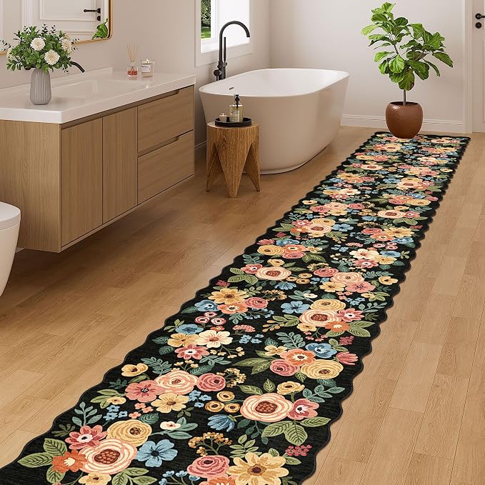 DUKINO 2x12 Runner Rug for Hallway, Soft Floral Washable Kitchen Runner Rug with Non Slip Backing, Lightweight & Low Pile Extra Long Carpet for Entryway, Laundry Room, Entrance, Bedroom, Black