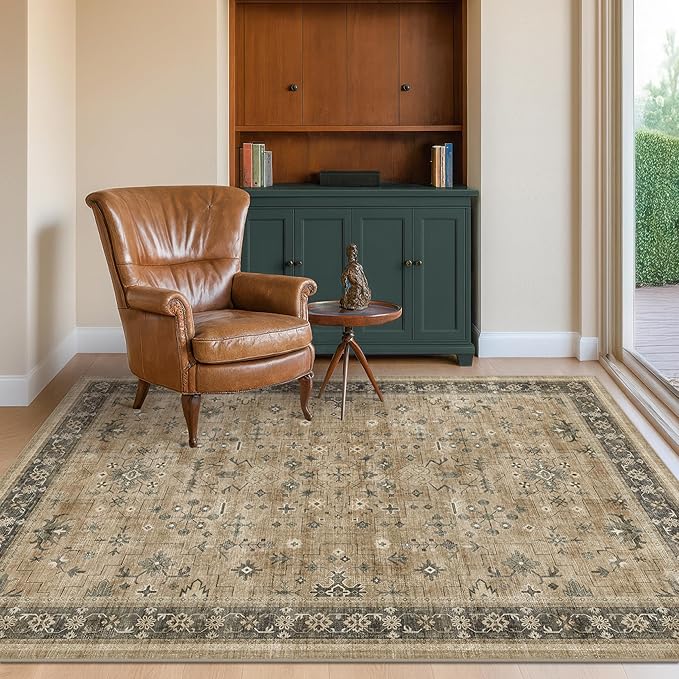 Boho Earth Tone 4x6 Large Entryway Rug - Distressed Natural Taupe Washable Mudroom Area Rug, Modern Vintage Kitchen Floor Carpet, Low Pile Non-Slip Carpet for Door Mat Indoor Entrance