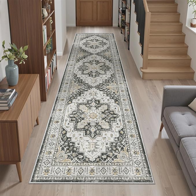 Madane Runner Rug 2x8, Washable Hallway Runner Rugs, Non-Slip Low-Pile Soft Kitchen Rug Runner Laundry Room Rug, Vintage Throw Entry Foyer Mat for Entrance Living Room (Black, 2 x 8)