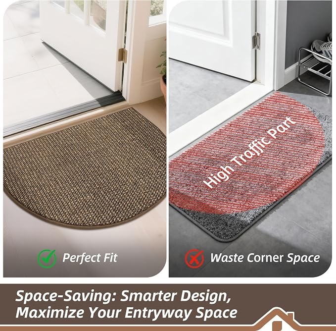 BEQHAUSE Dirt Trapper Door Mat 32" x 48" Half Circle Non-Slip Washable Doormats Entrance Rugs Absorbent Welcome Low Profile Floor Mats for Front Back Door and Entryway, Brown