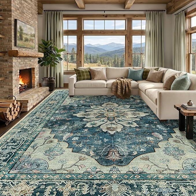 RELEANY Area Rugs Large 9'x12' Washable Non-Slip, Floral Vintage Distress Medallion Carpet for Living Room Bedroom Dining Room, Dark Blue Vintage