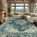 RELEANY Area Rugs Large 9'x12' Washable Non-Slip, Floral Vintage Distress Medallion Carpet for Living Room Bedroom Dining Room, Dark Blue Vintage