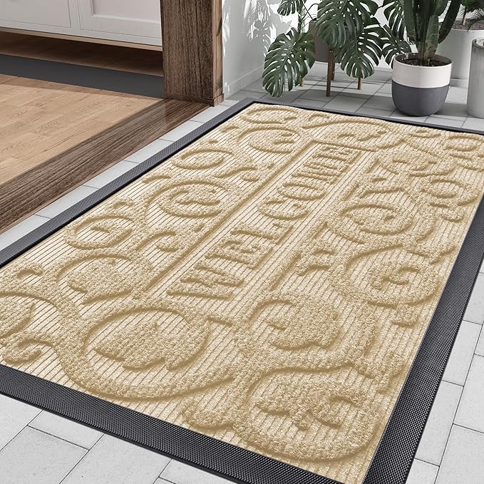 Smiry Welcome Door Mat Outside Entrance, Heavy Duty Trap Dirt and Moisture Easy Clean Low Profile Patio Porch Indoor Outdoor Front Doormat for Entry, 29.5x17 Inch, Beige
