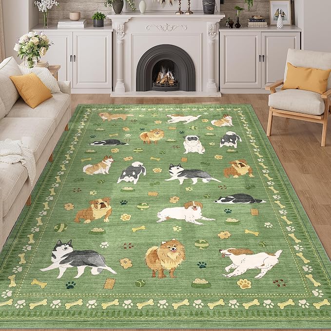 DUKINO 6x9 Rug for Living Room, Lightweight Animal Dog Print Washable Area Rug, Soft Non Slip & Low Pile Floor Mat, Stain Resistant Large Carpet for Bedroom, Nursery, Dining Room, Kids Playroom, Green