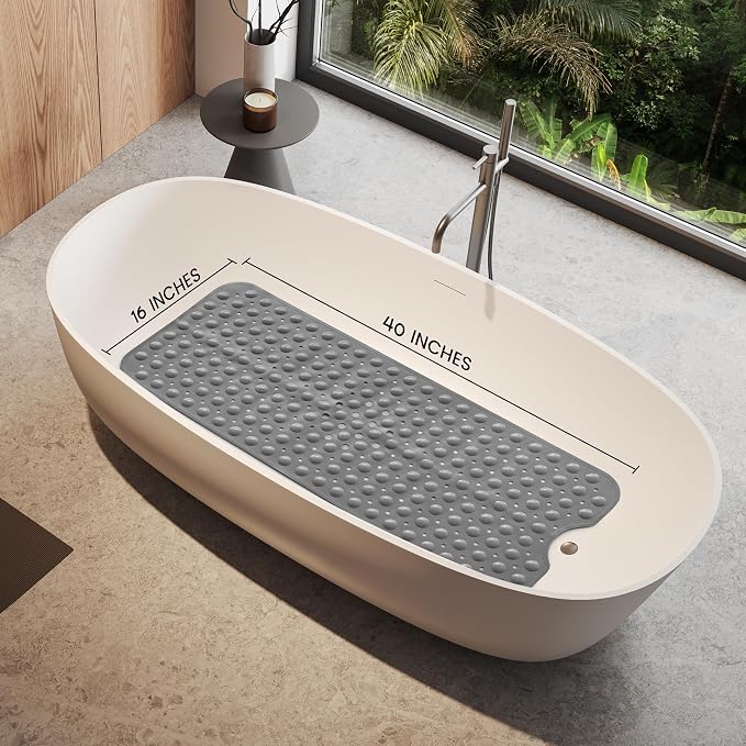 LUX Décor Non-Slip Bathtub Mat, Extra Large 40x16 Inches – Anti-Slip Safety Shower Mat with Suction Cups & Drain Holes – Machine Washable Bath Mat – Grey