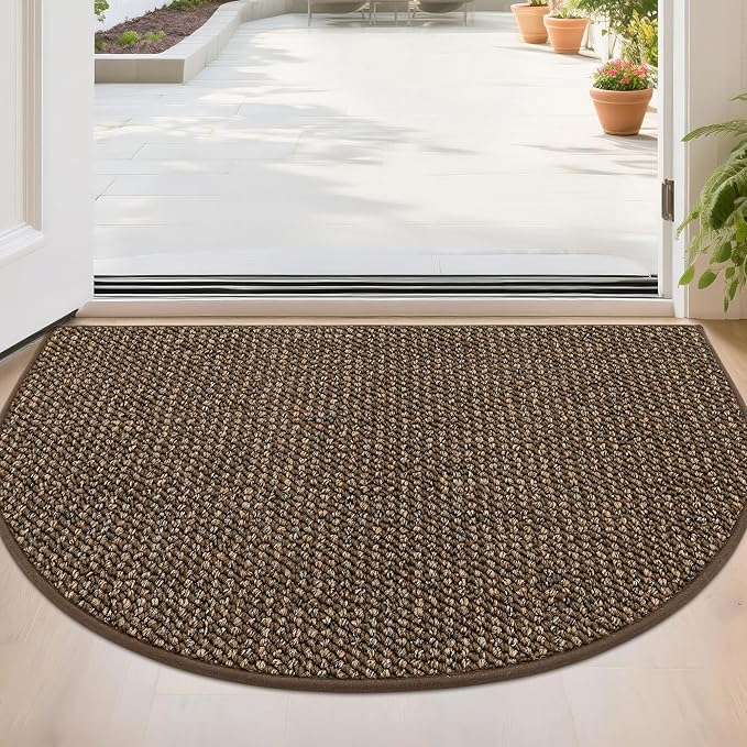 BEQHAUSE Dirt Trapper Door Mat 24" x 36" Half Circle Non-Slip Washable Doormats Entrance Rugs Absorbent Welcome Low Profile Floor Mats for Front Back Door and Entryway, Brown