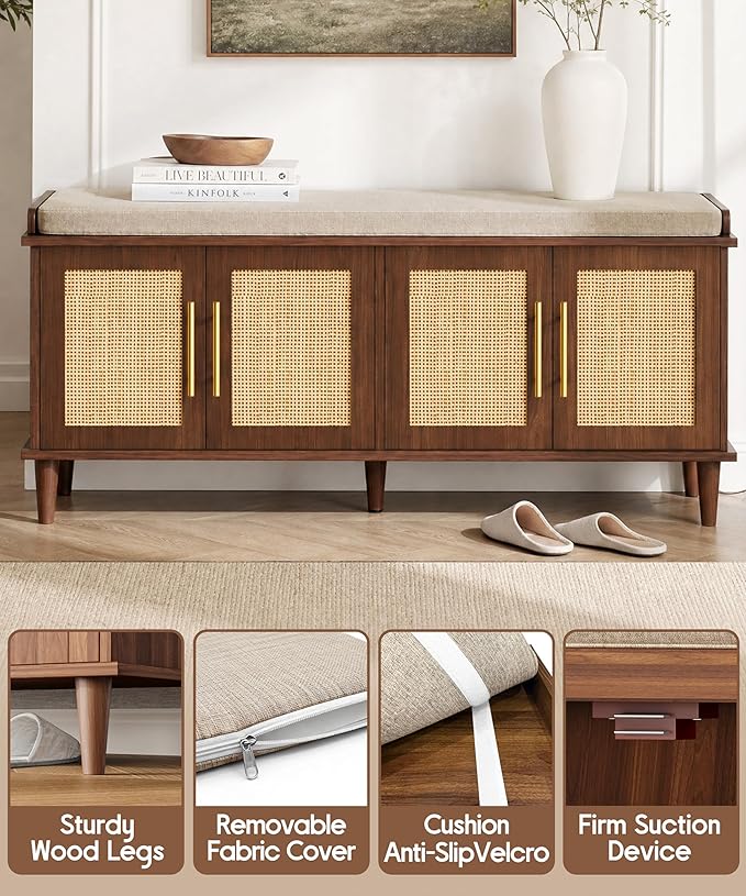 Akxomel Rattan Shoe Storage Bench with Cushion, 2-Tier Entryway Bench with Adjustable Shelves and 4 Doors, 15" D x 47.2" W x 20" H, Solid Wood Legs, for Hallway, Living Room, Bedroom, Walnut