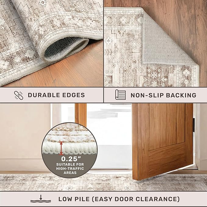 Hazo Haus Beige Farmhouse Washable 7x10 Area Rugs for Living Room, Bedroom, Dining Room Table, Vintage Floral Décor, Non-Slip Stain & Fade Resistant (7x10 Beige/Latte)